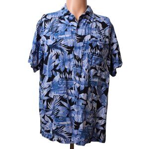 Panama Jack Mens Button Up Shirt Medium Blue Black Floral Car Print Rayon